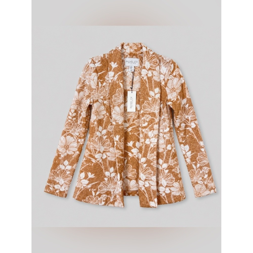 Rachel Zoe Jacket Small Tan White Floral Fuzzy Open Front Jacket Long Length New